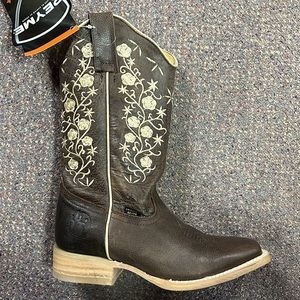 Brown Cowgirl Boots Flower Leather Embroidered Western Reyme